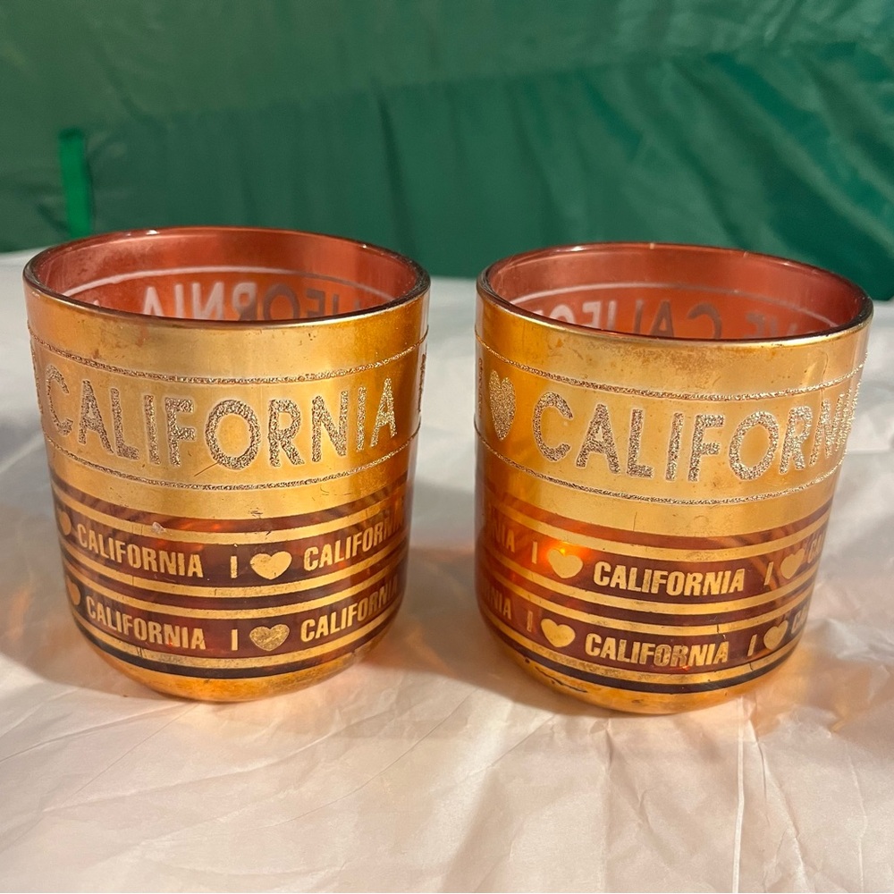 I LOVE CALIFORNIA 2 Glasses Red Gilded Gold Tumbler Souvenir Fancy 8oz Votive 3”